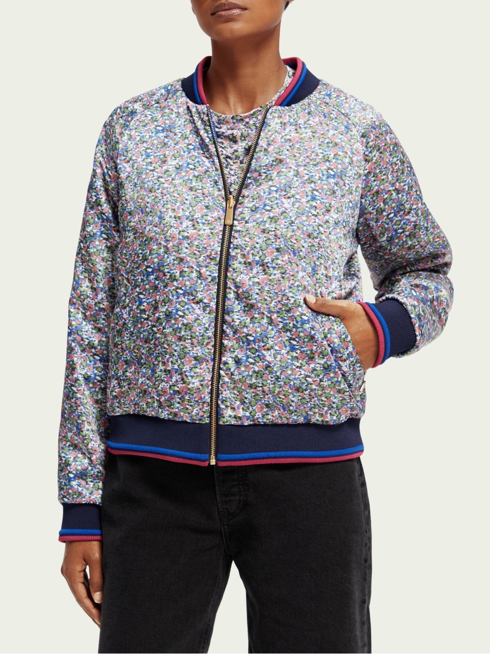 Scotch & Soda Rosaria Reversible Printed Bomber Jacket Floral Blue Small S